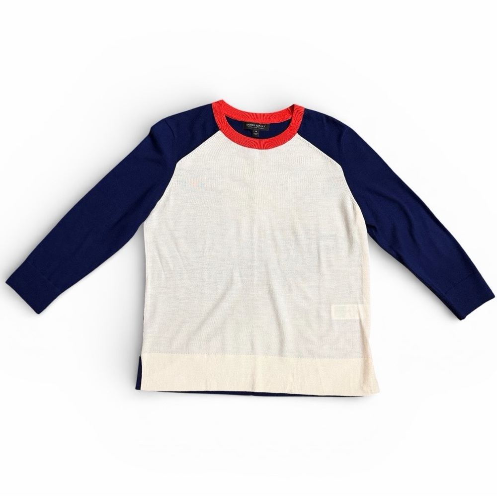 BANANA REPUBLIC Merino Wool Raglan Color-block Sweater Blue Red Ivory Size M